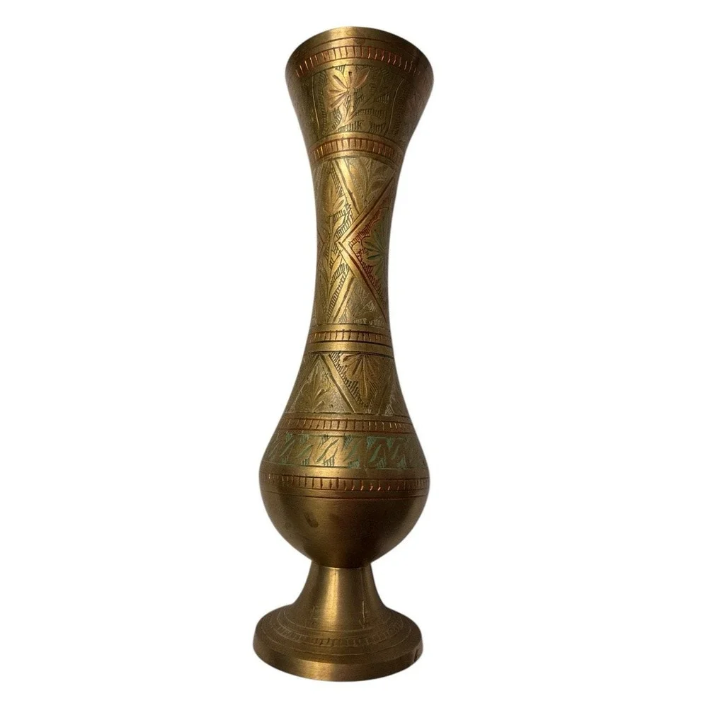 Vintage Brass Hand Etched Vase Made In India 10